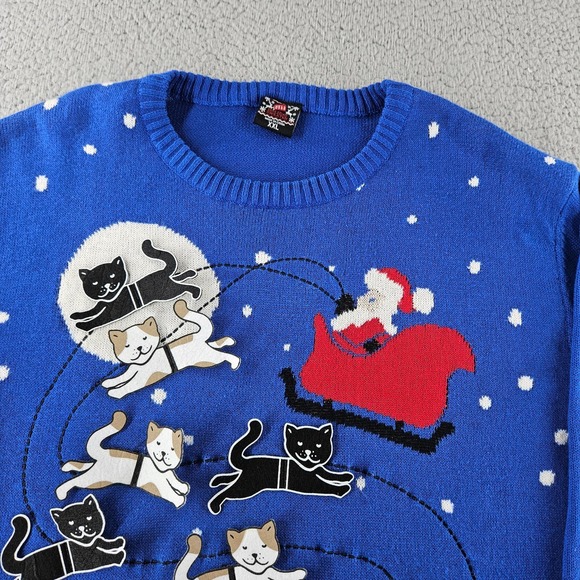 Well Worn Ugly Christmas Sweater Womens XXL Blue Santa‎ Cats Winter Holiday - Picture 4 of 15